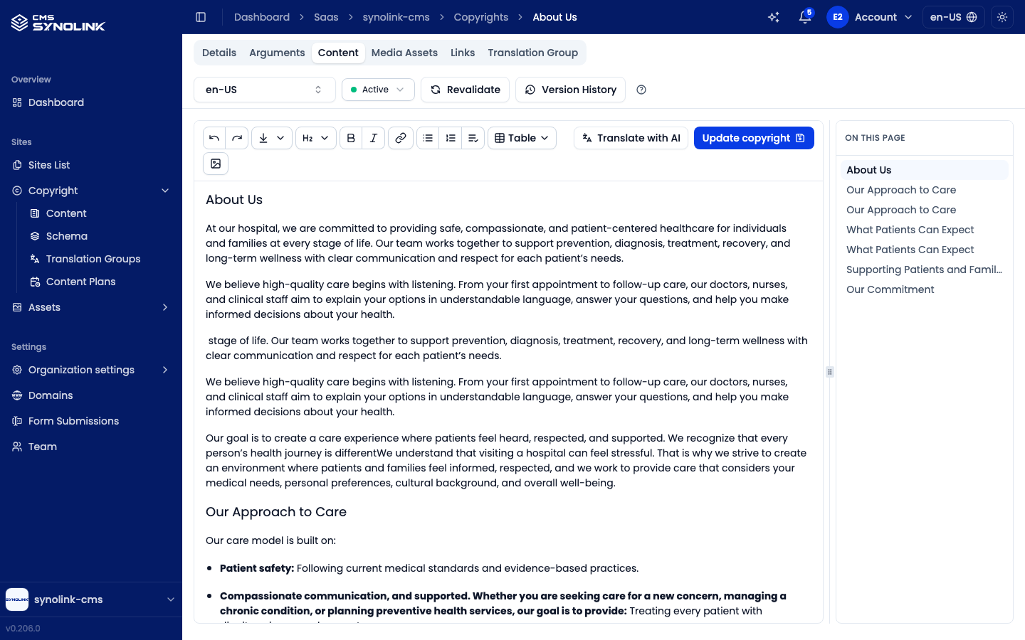 Content tab with the rich-text editor