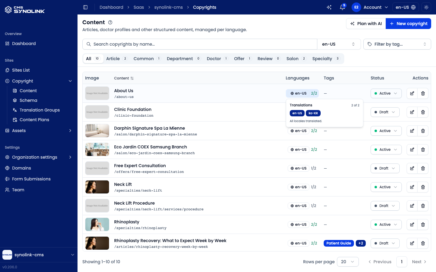 Translations popover