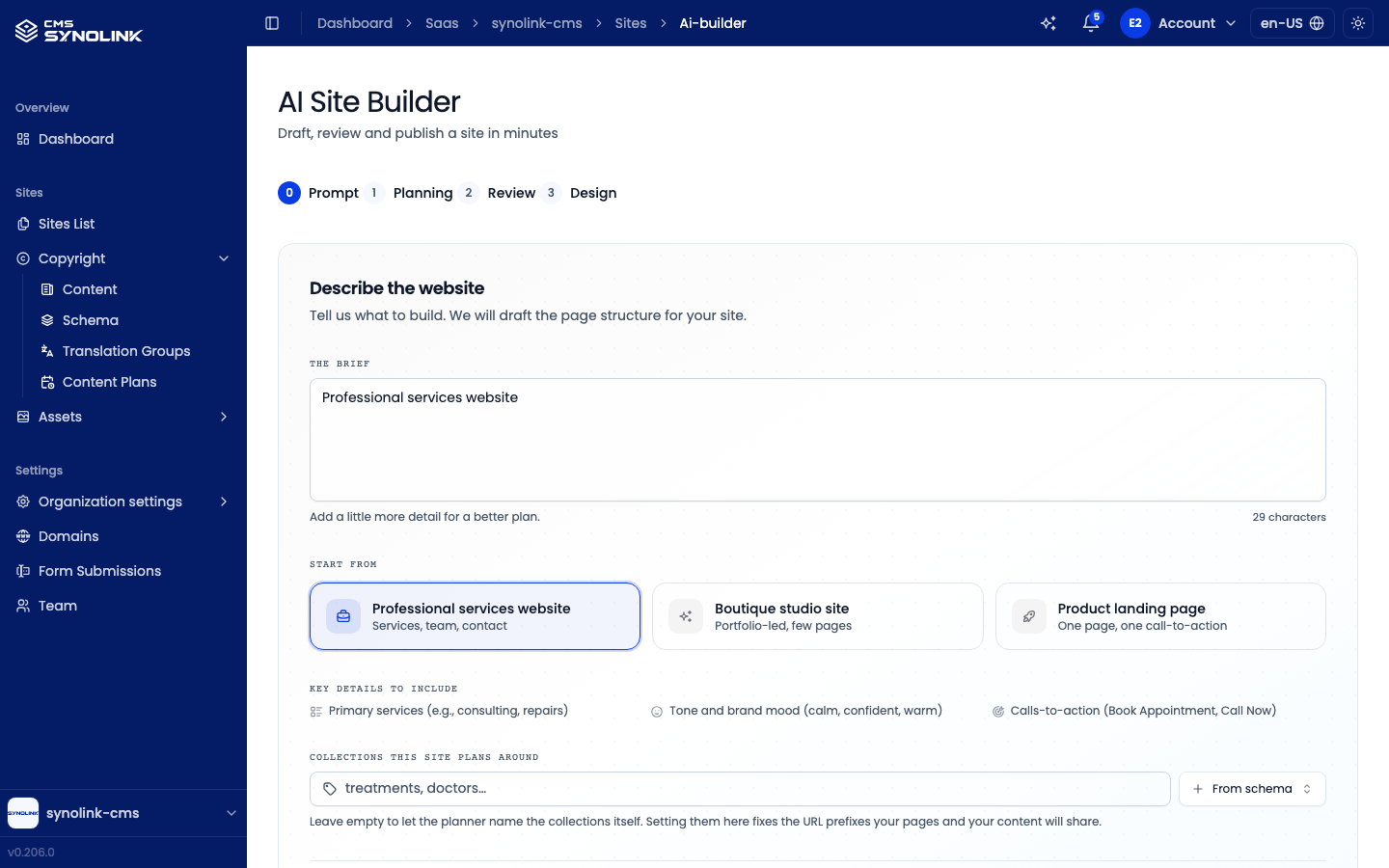AI Site Builder — Prompt step
