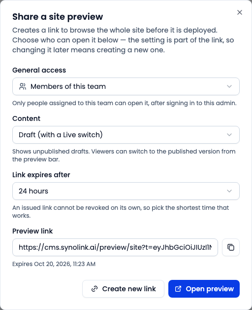 Share a site preview dialog