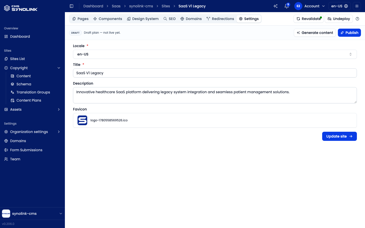 Site Settings tab
