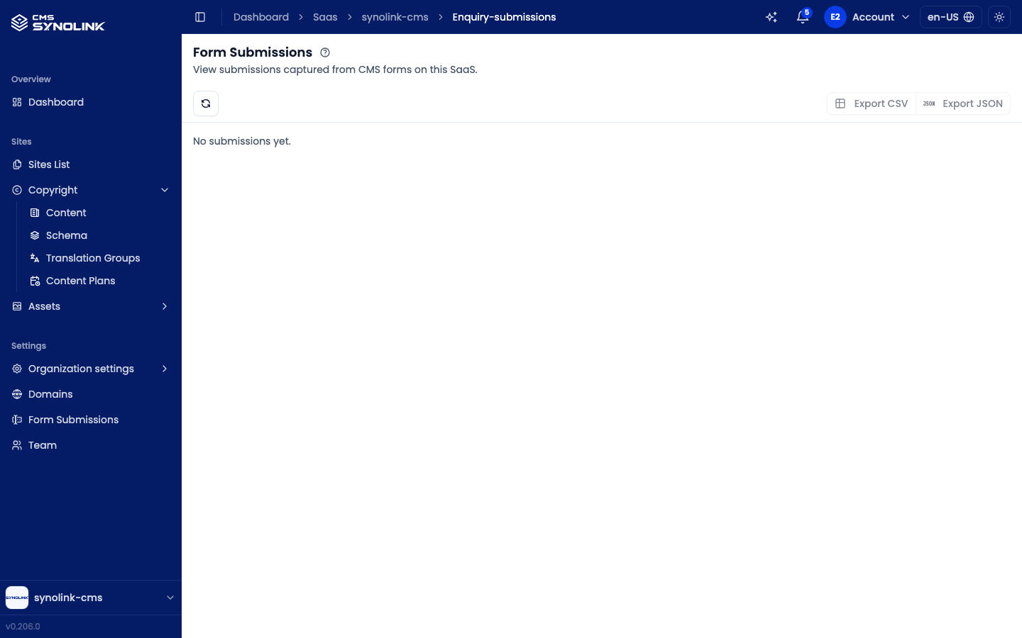 Form Submissions screen
