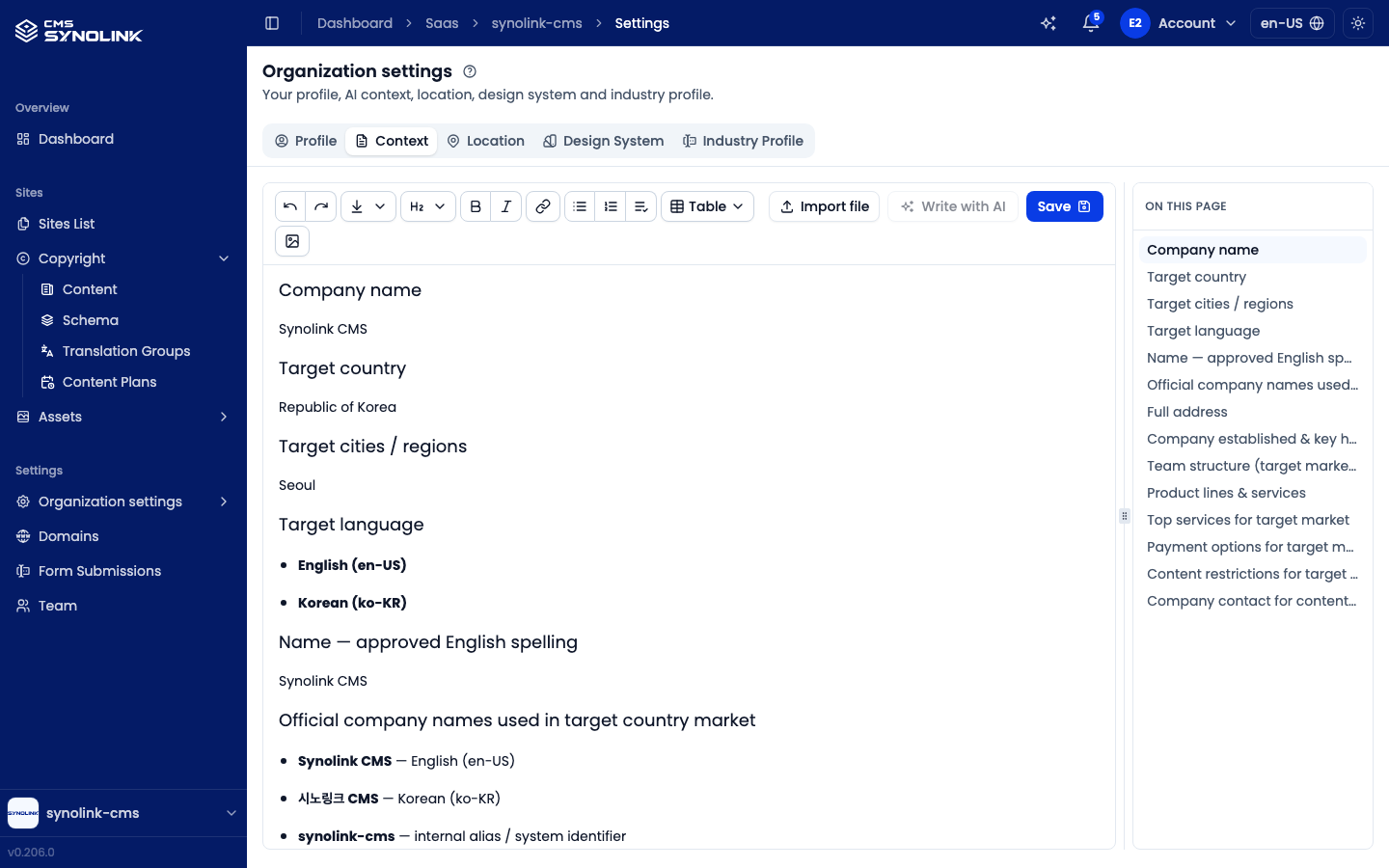 Context tab with the editor and the On this page panel