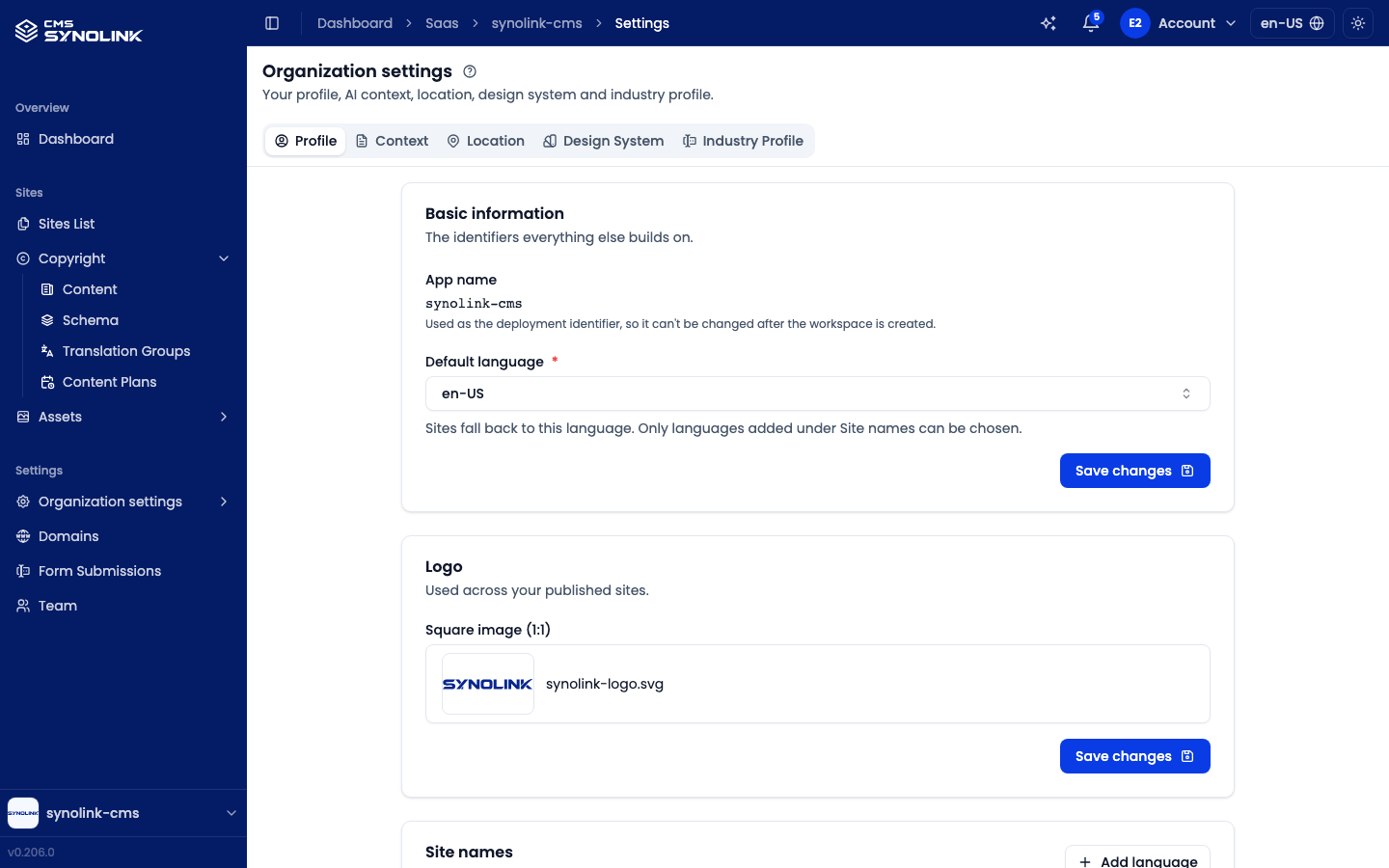 Organization settings — Profile tab