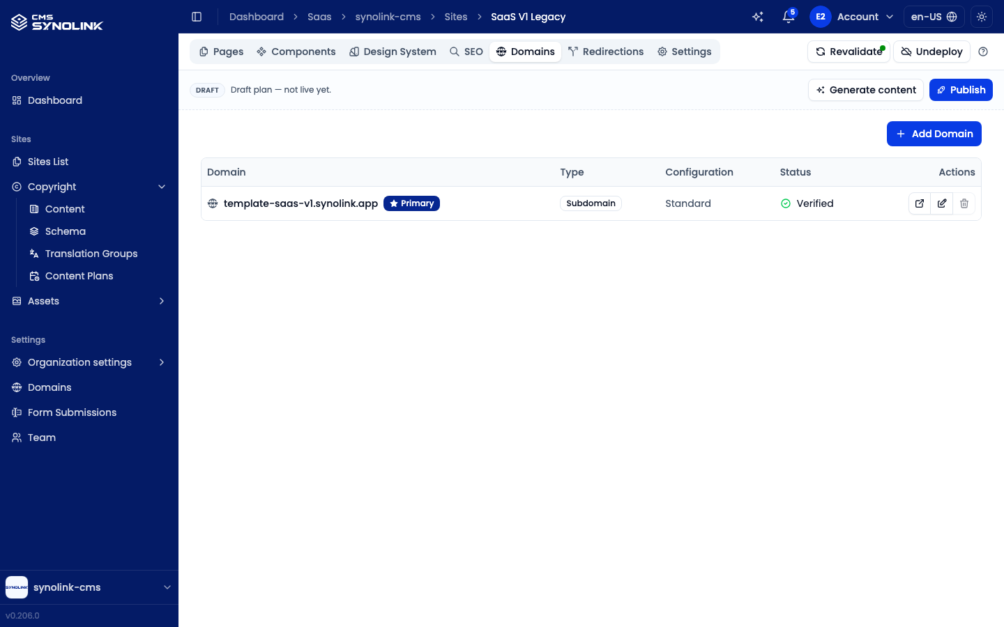 Site Domains tab