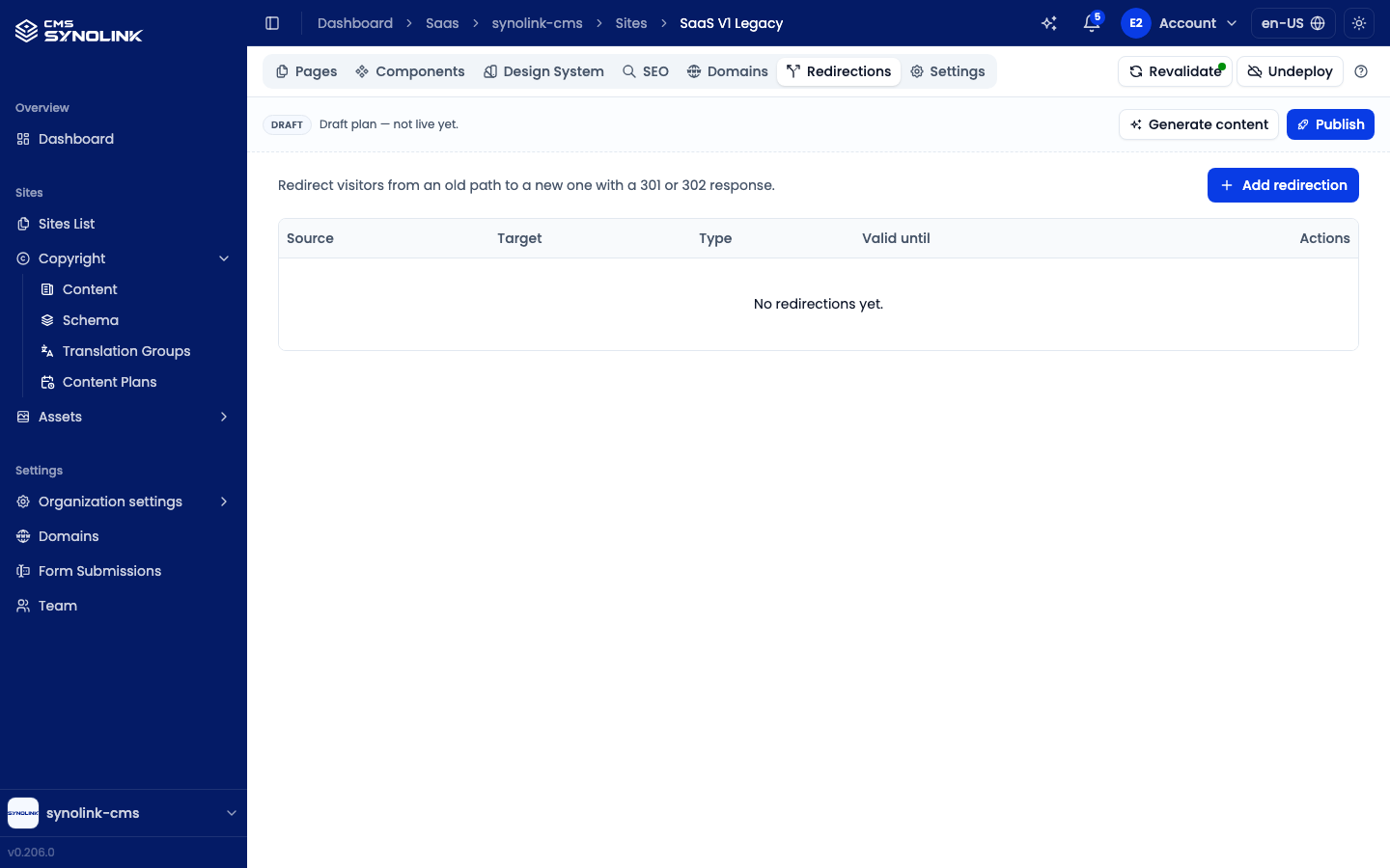 Site Redirections tab