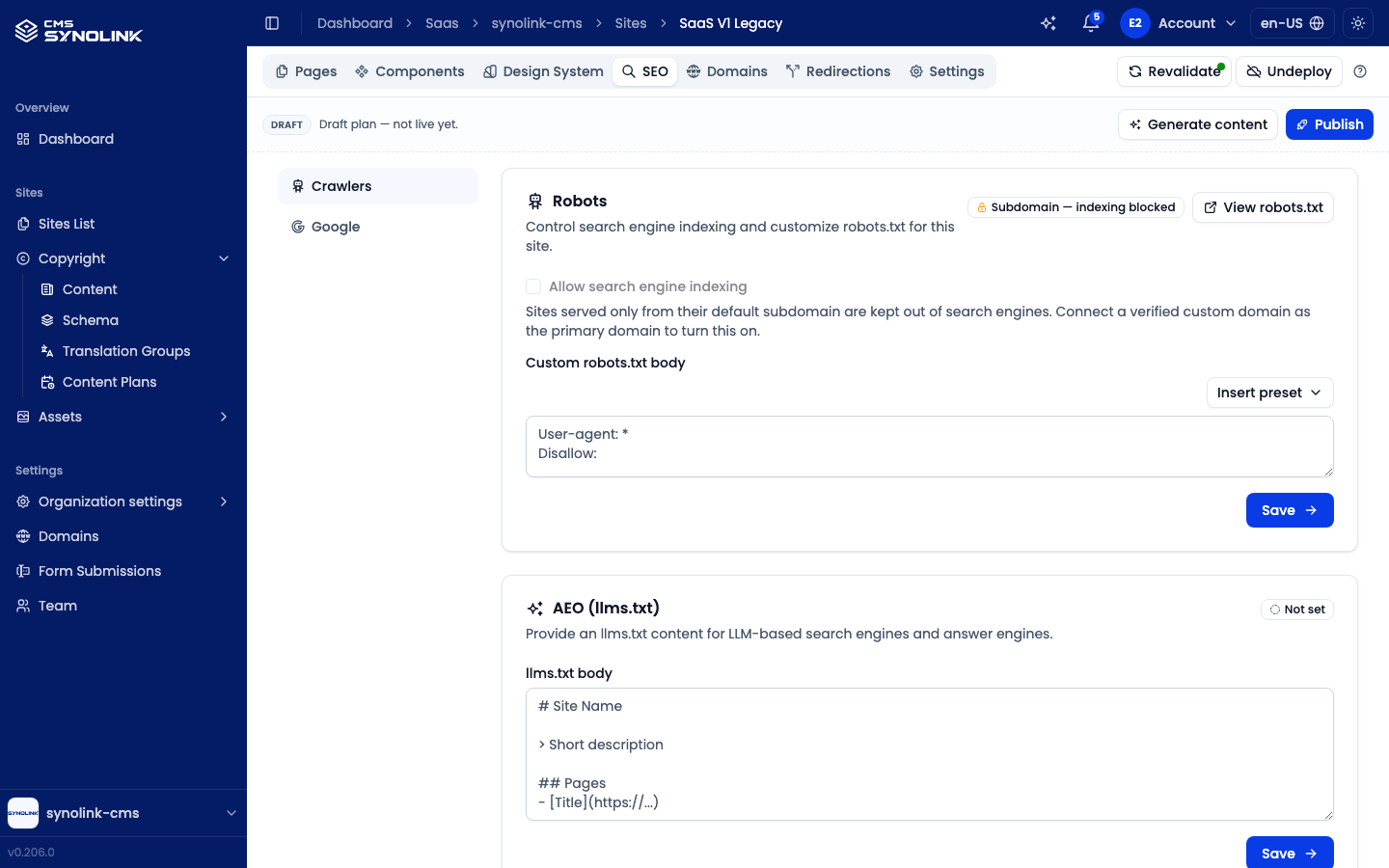 SEO tab — Crawlers