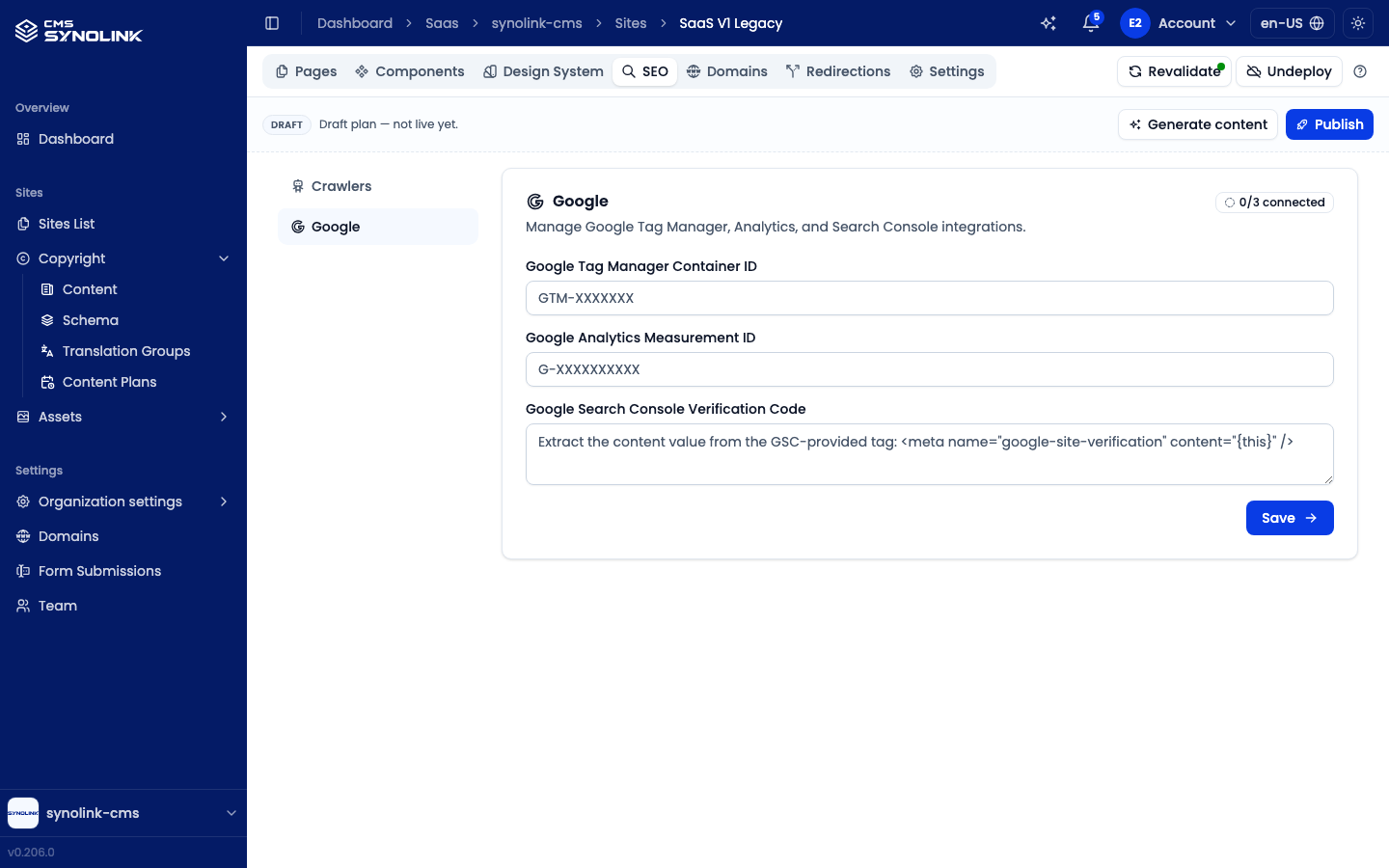 SEO tab — Google