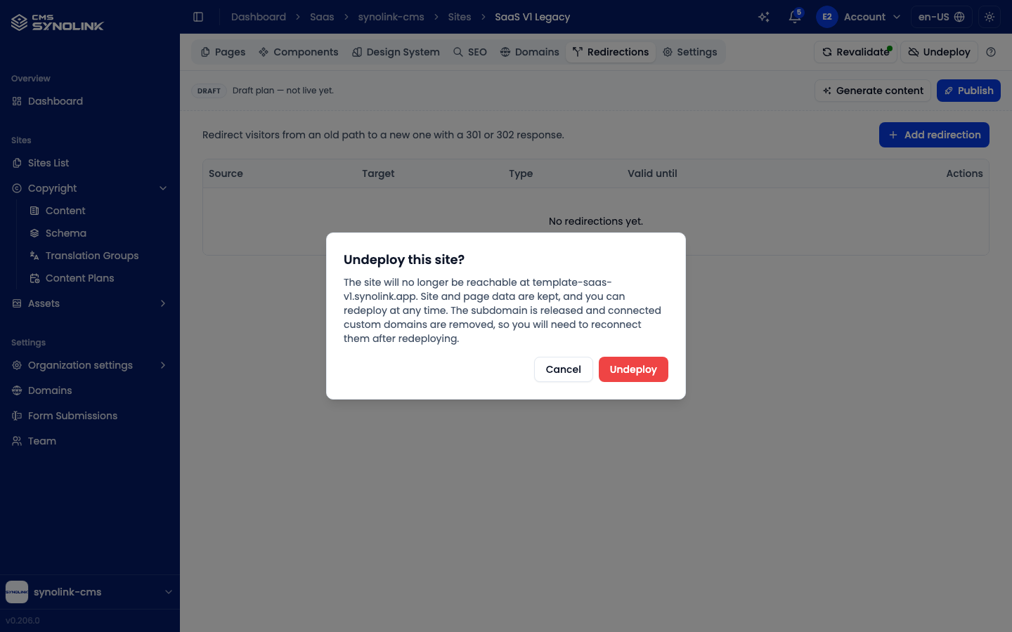 Undeploy this site? dialog